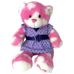 Build A Bear Plush Pink Bear With White Hearts Magnetic Hands Purple Dress Dots